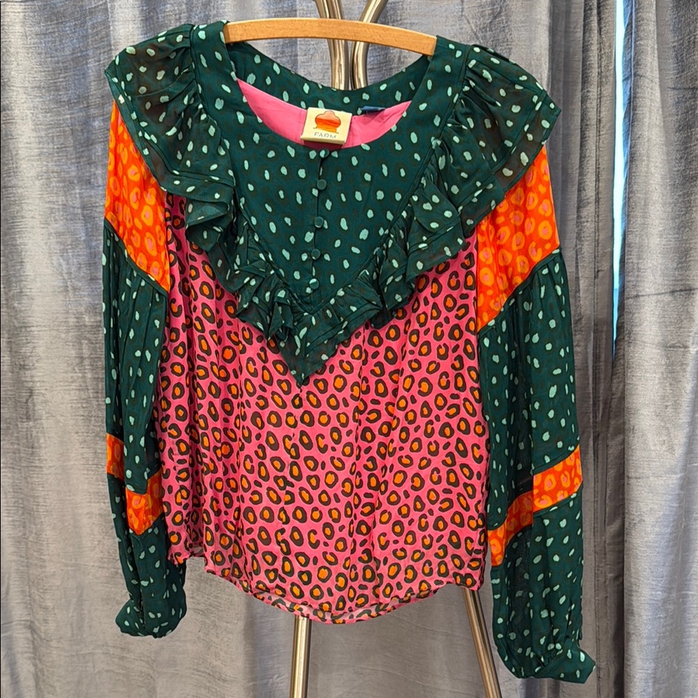 Anthropologie Farm Rio Colorful Polka Dot and Leopard Print Women's Top